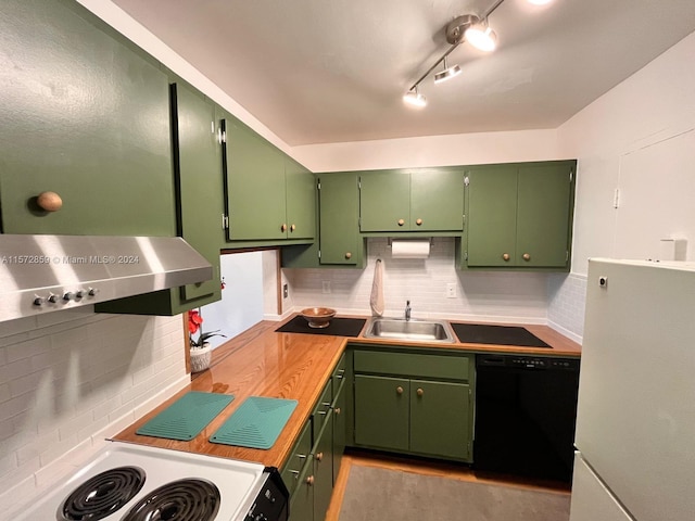 kitchen with sink, tasteful backsplash, white refrigerator, black dishwasher, and track lighting