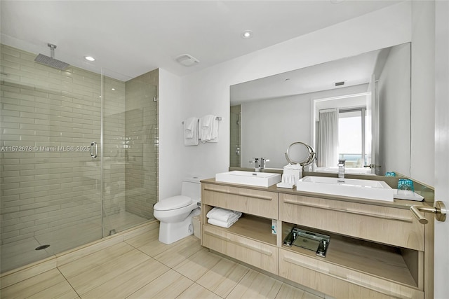 bathroom featuring double vanity, a stall shower, toilet, and a sink