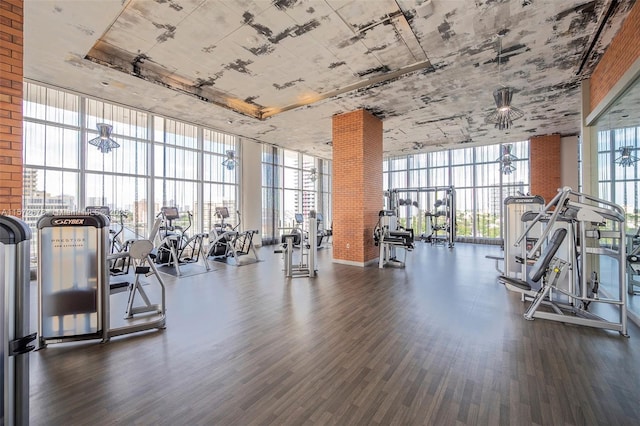 workout area with a wall of windows and dark wood-style flooring