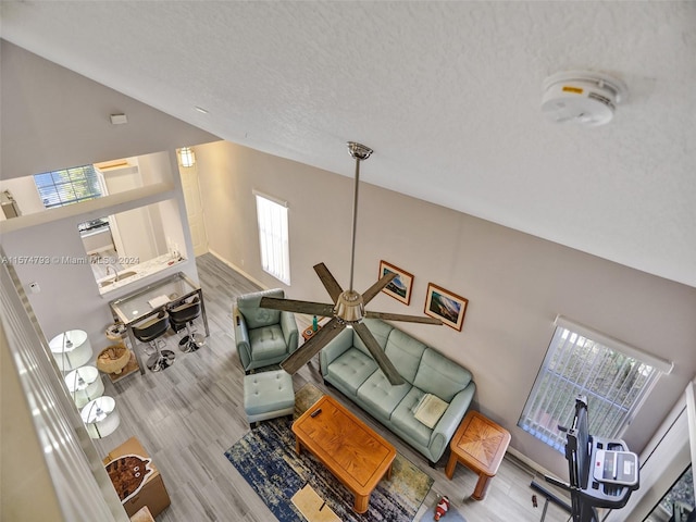 living room featuring high vaulted ceiling, a healthy amount of sunlight, and hardwood / wood-style flooring