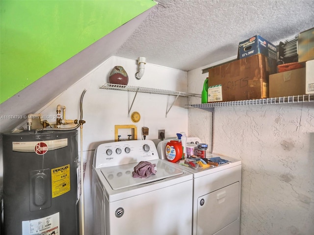 laundry area featuring a textured ceiling, washer hookup, electric dryer hookup, water heater, and independent washer and dryer