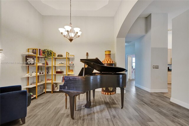 miscellaneous room with an inviting chandelier, a towering ceiling, and hardwood / wood-style floors