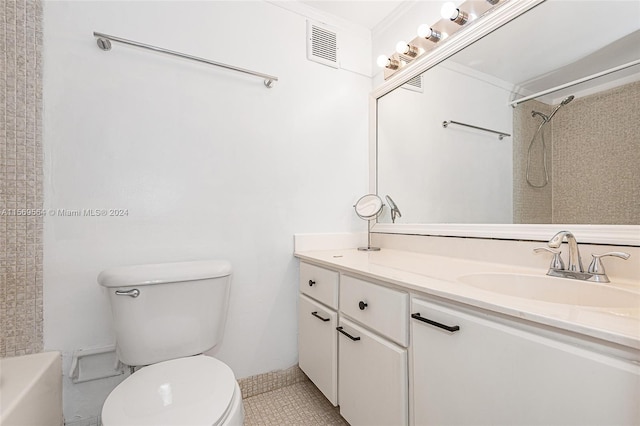 full bathroom with shower / bathing tub combination, toilet, tile floors, and vanity