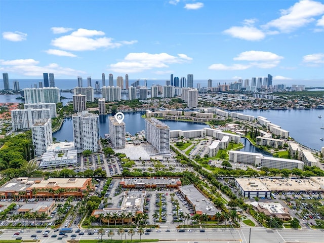 aerial view with a water view and a city view