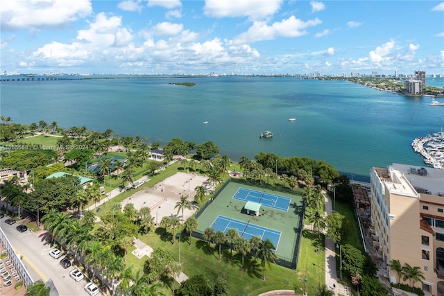 birds eye view of property featuring a water view