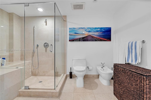 bathroom with a bidet, toilet, tile floors, and a shower with door