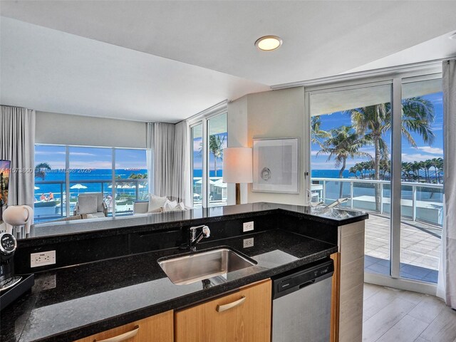 kitchen with sink, dark stone countertops, stainless steel dishwasher, a water view, and light hardwood / wood-style flooring