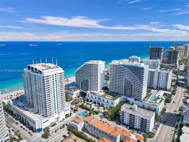 drone / aerial view featuring a view of the beach and a water view