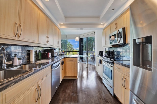 kitchen featuring dark wood-type flooring, light brown cabinets, backsplash, stainless steel appliances, and a raised ceiling