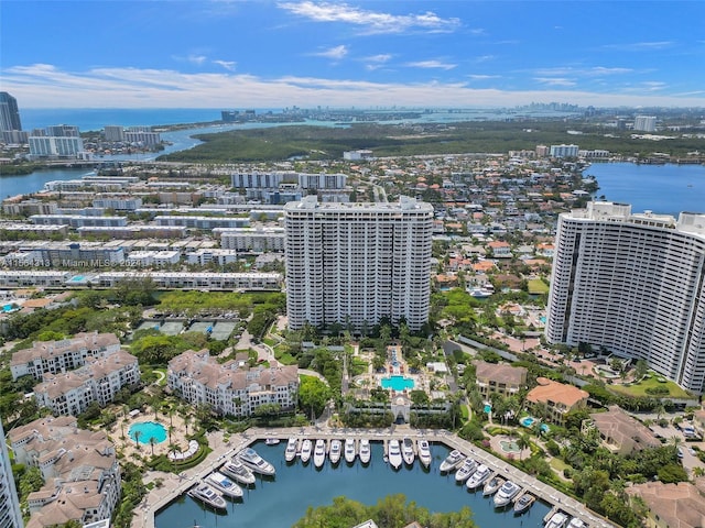 birds eye view of property featuring a water view