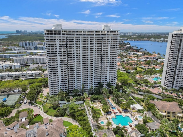 drone / aerial view featuring a water view