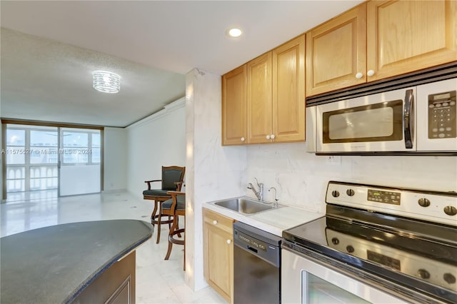 kitchen with light brown cabinets, a wall of windows, stainless steel appliances, and sink