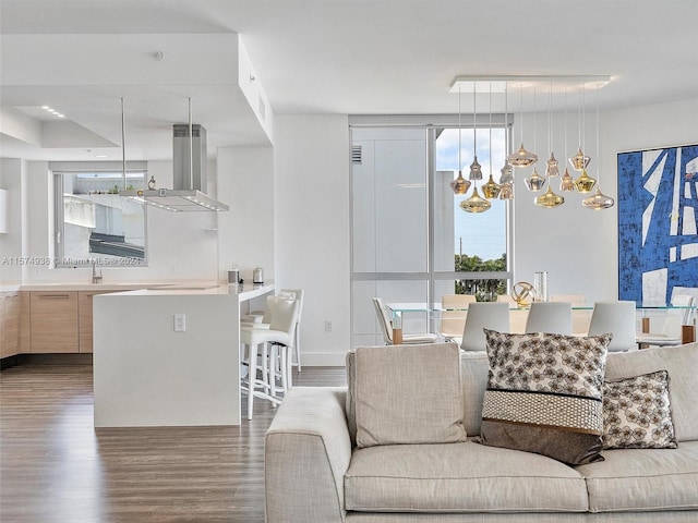 living room featuring hardwood / wood-style flooring and an inviting chandelier