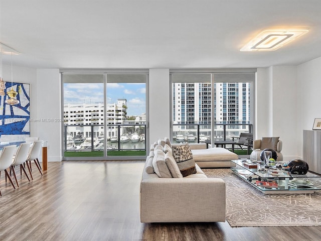 living room with wood-type flooring and floor to ceiling windows