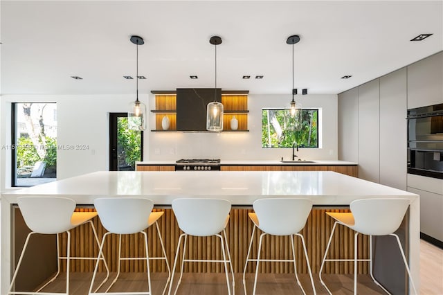 kitchen with hanging light fixtures, a healthy amount of sunlight, sink, and a spacious island