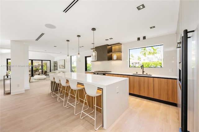 kitchen featuring a kitchen island, light hardwood / wood-style flooring, sink, and plenty of natural light