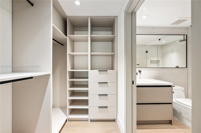 spacious closet featuring light hardwood / wood-style floors