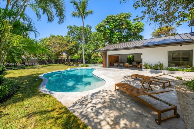 view of swimming pool featuring a patio area and a lawn