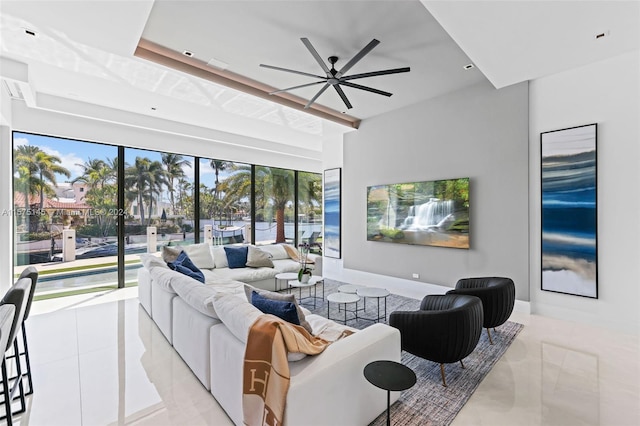 living room featuring ceiling fan and light tile flooring