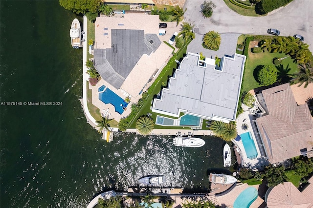 drone / aerial view featuring a water view