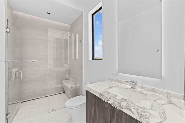 bathroom featuring vanity, toilet, and a shower with door