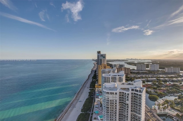 exterior space featuring a water view and a view of the beach