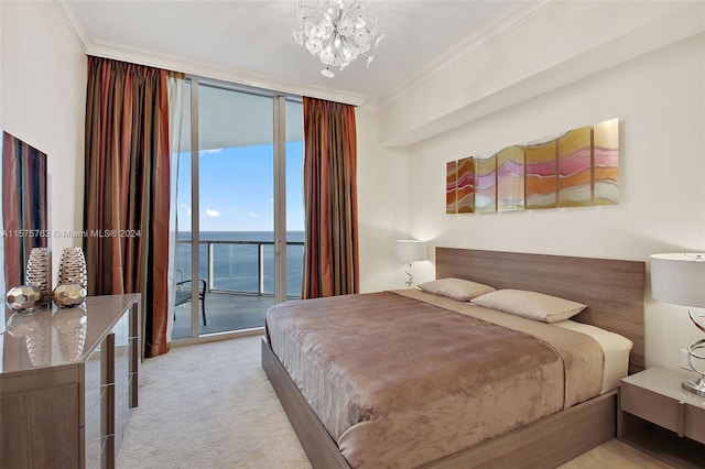 carpeted bedroom with access to outside, a water view, ornamental molding, a notable chandelier, and a wall of windows