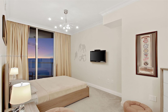 carpeted bedroom featuring crown molding, access to outside, and a notable chandelier