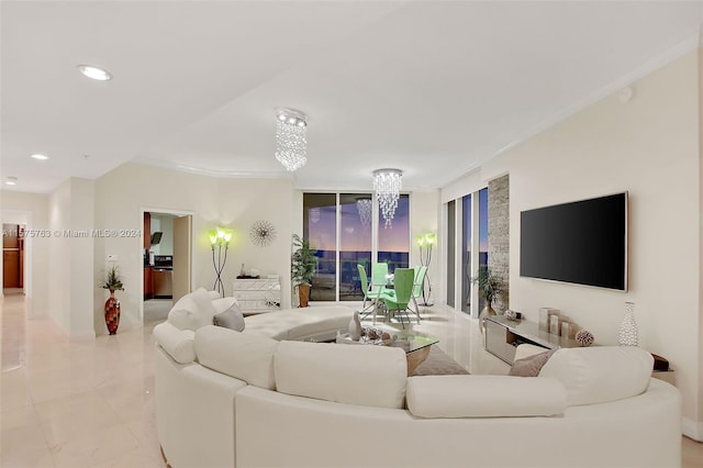 living room with a notable chandelier and light tile flooring