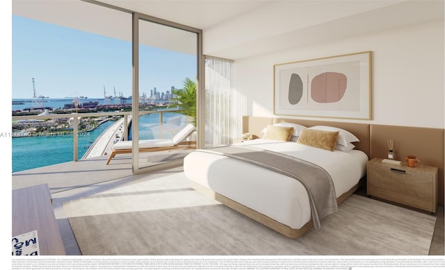 bedroom featuring floor to ceiling windows, access to outside, and a water view