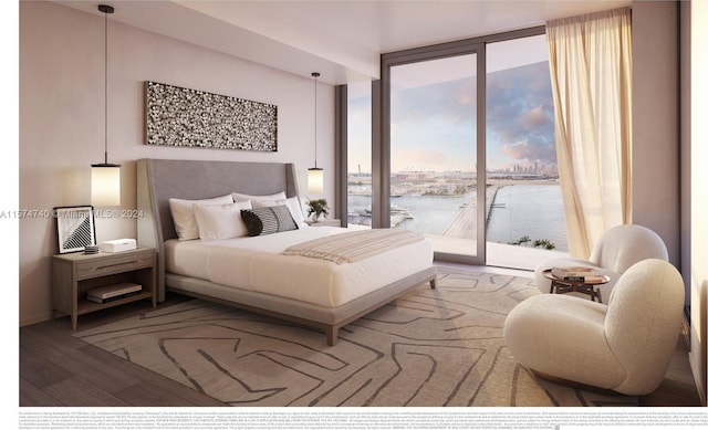 bedroom featuring floor to ceiling windows, wood-type flooring, a water view, and access to outside