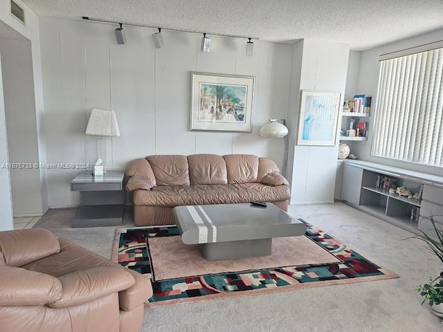 living room featuring track lighting, light carpet, and a textured ceiling