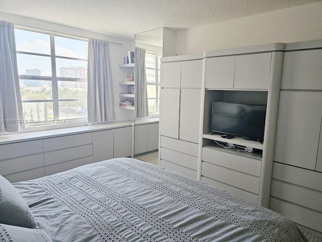 bedroom with a textured ceiling and multiple windows