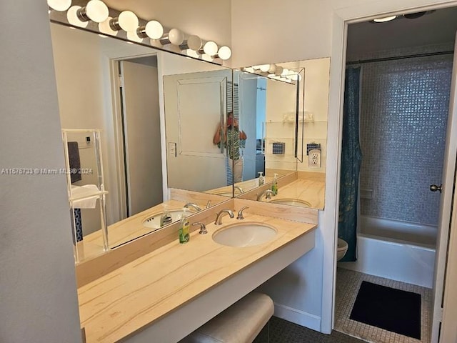 full bathroom with tile flooring, shower / bath combo, toilet, and vanity