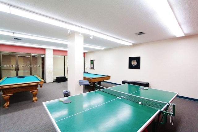 playroom with billiards, a textured ceiling, and carpet flooring