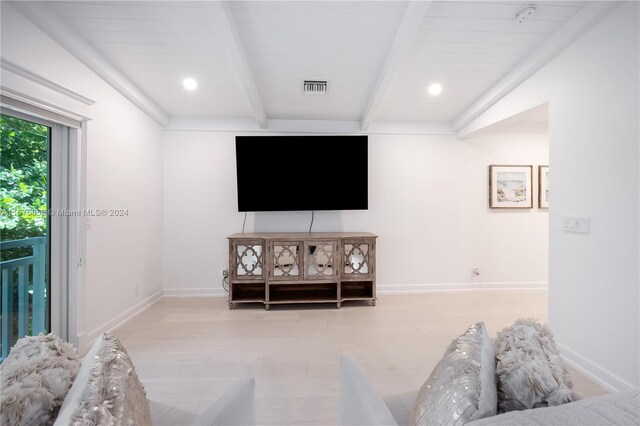 living room with lofted ceiling with beams and hardwood / wood-style flooring