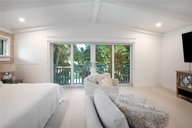 bedroom with lofted ceiling with beams, light wood-type flooring, access to exterior, and multiple windows