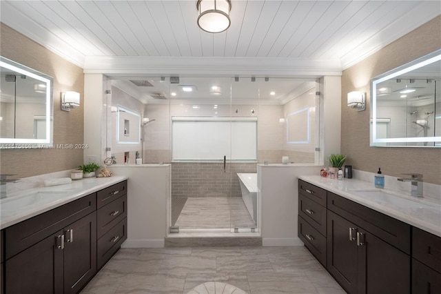 bathroom with a bathing tub, vanity, wood ceiling, tile floors, and ornamental molding