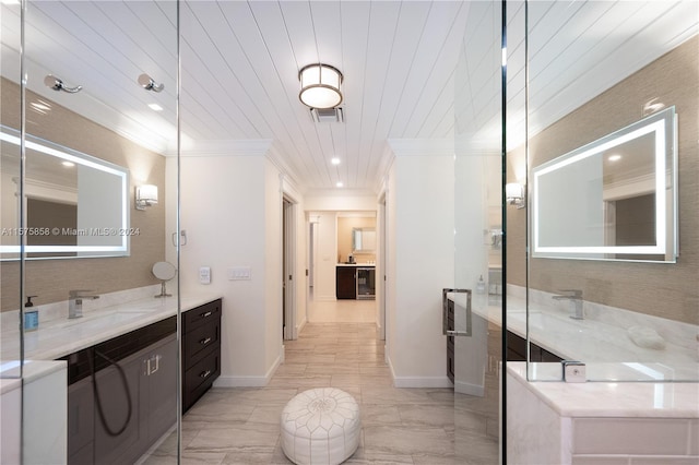 bathroom featuring beverage cooler, vanity, wooden ceiling, ornamental molding, and tile flooring