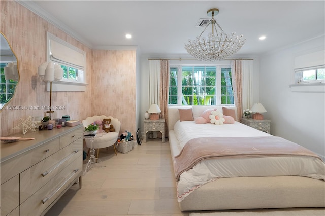 bedroom with ornamental molding, light hardwood / wood-style floors, a chandelier, and multiple windows