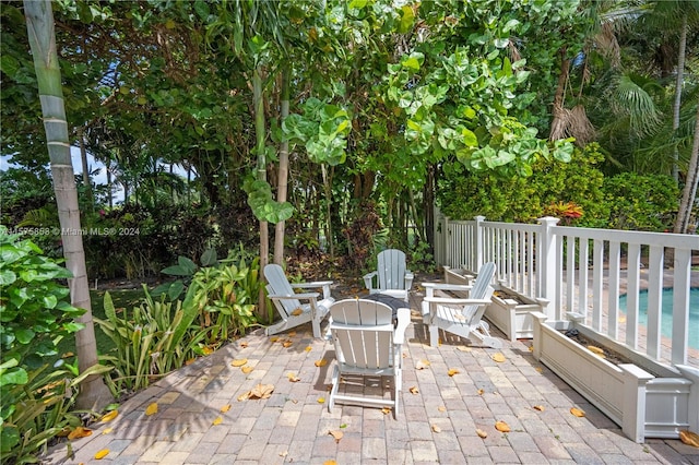 view of terrace featuring a fenced in pool