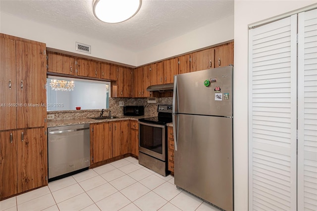 kitchen featuring stainless steel appliances, brown cabinetry, a sink, and under cabinet range hood