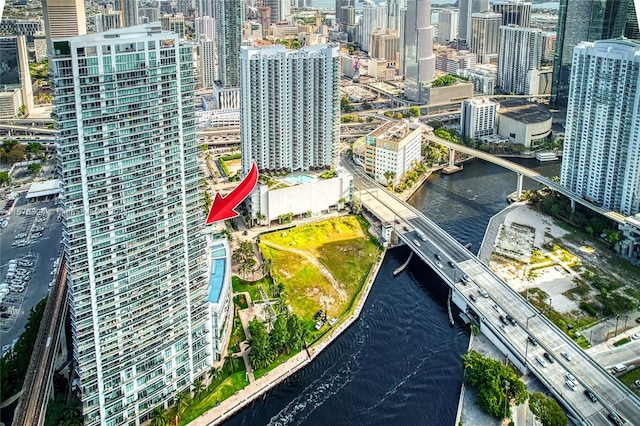 drone / aerial view featuring a water view