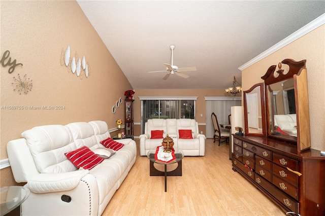 living room featuring a textured ceiling, crown molding, ceiling fan with notable chandelier, and light wood-type flooring