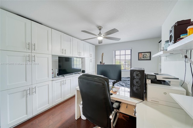 office space featuring ceiling fan and dark wood-type flooring