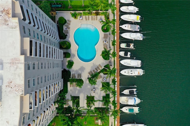 drone / aerial view featuring a water view