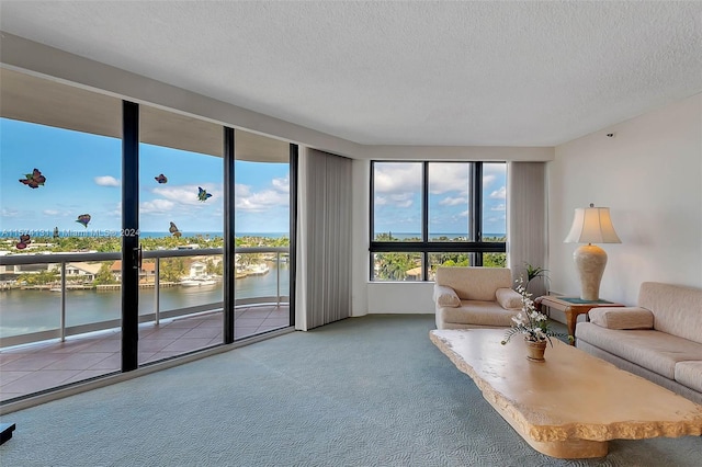 carpeted living room with a water view and a textured ceiling