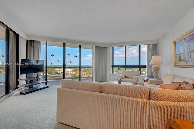 living room featuring a wall of windows, a textured ceiling, and carpet flooring