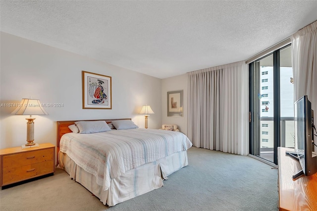 carpeted bedroom with a textured ceiling, multiple windows, and access to exterior