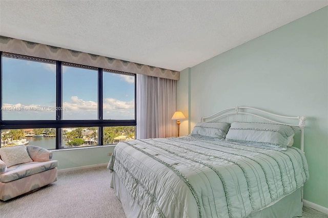 bedroom featuring carpet, a water view, and a textured ceiling